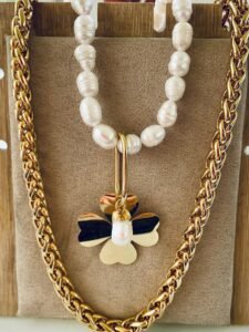 Mixte collier chaîne et perle trèfle